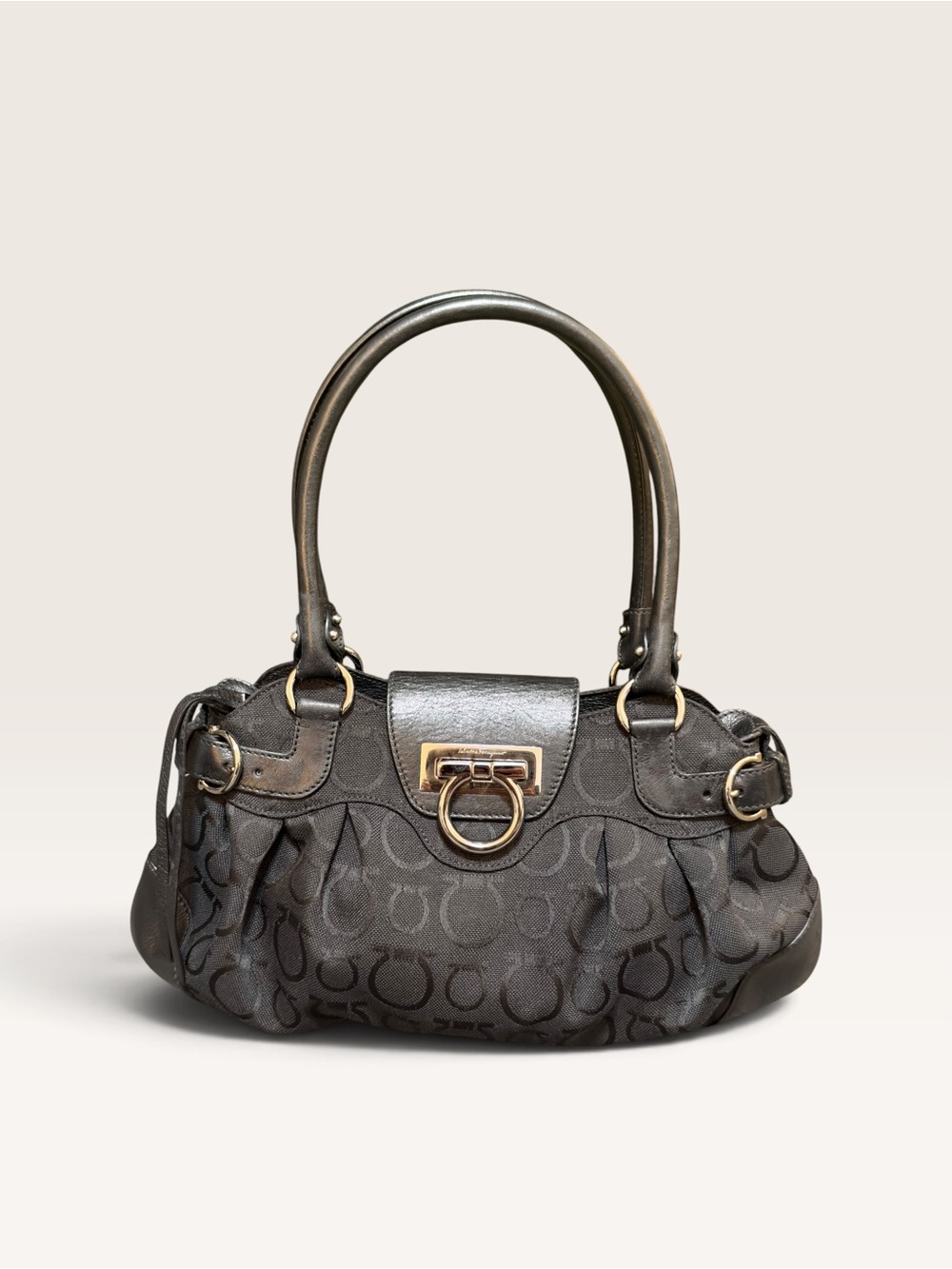 Ferragamo Leather-Trim Satchel Handbag in Black Silver Hardware
